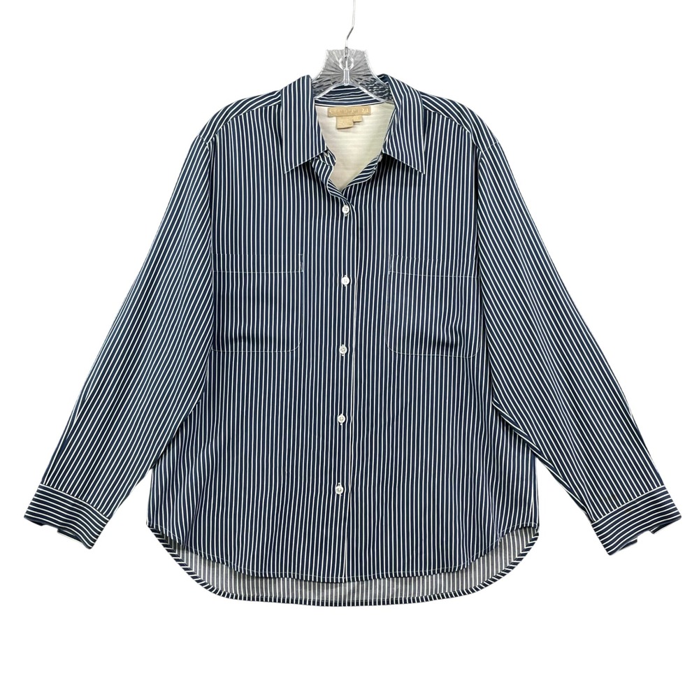 Studio 121 Button Down Shirt Womens Large Blue White Striped 100% Silk Corpcore